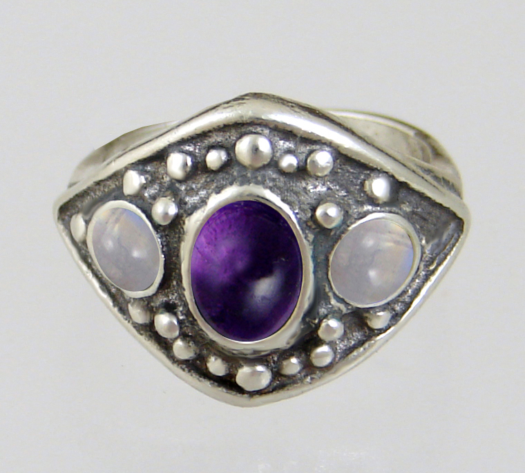 Sterling Silver Medieval Lady's Ring with Amethyst And Rainbow Moonstone Size 8